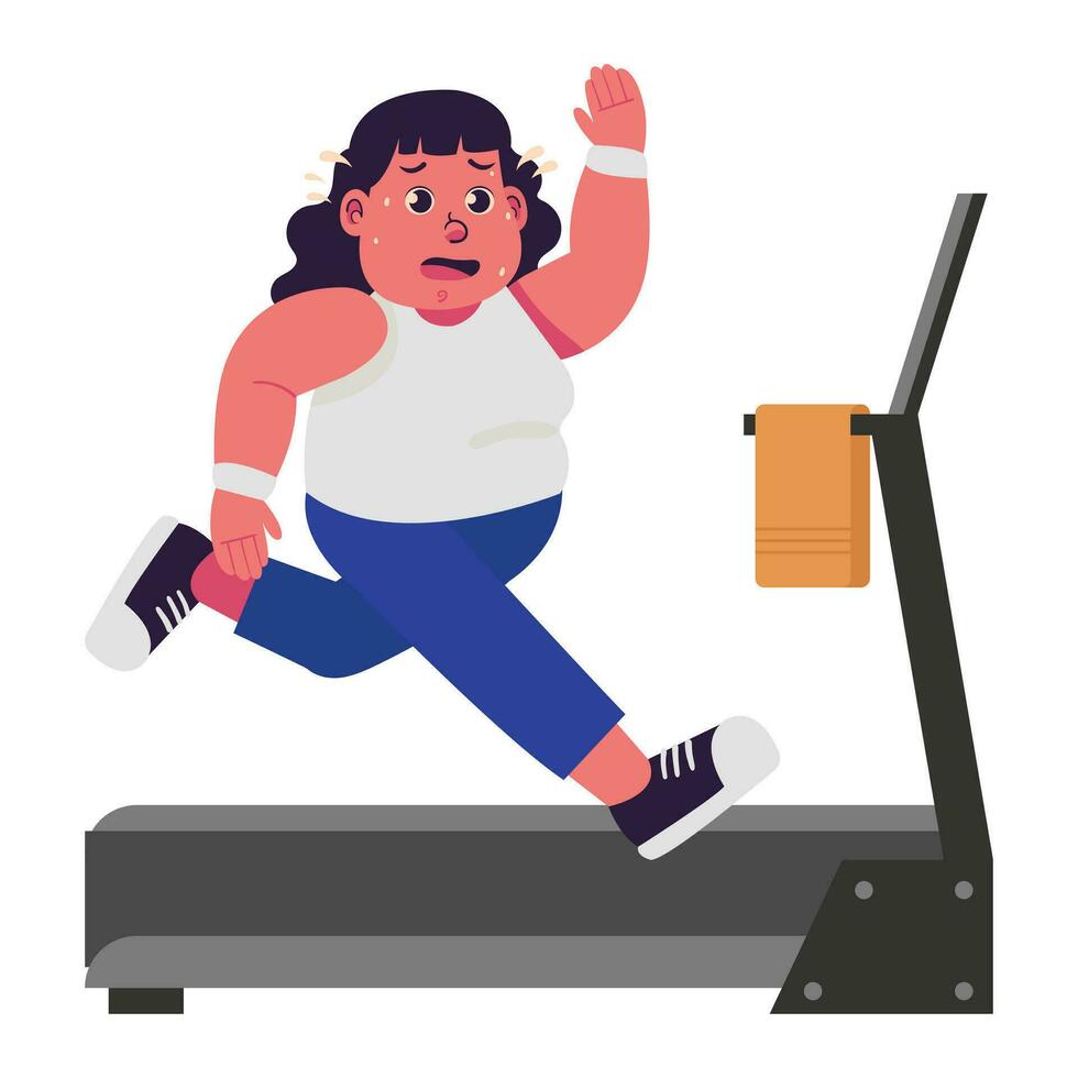 vrouw dik mensen te zwaar plus grootte zwaarlijvigheid oefening en rennen Aan de loopband illustratie vector