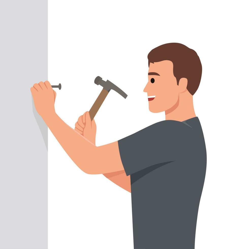 Mens met hamer maakt reparaties in huis door hameren nagel in muur naar hangen afbeelding. jong vent is aan het doen reparaties naar verbeteren interieur van appartement of installeren nieuw plank naar accommoderen persoonlijk artikelen. vector