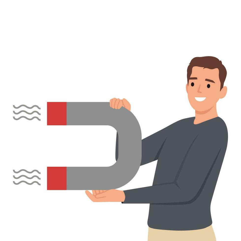 vrolijk zakenman houdt groot magneet. vector