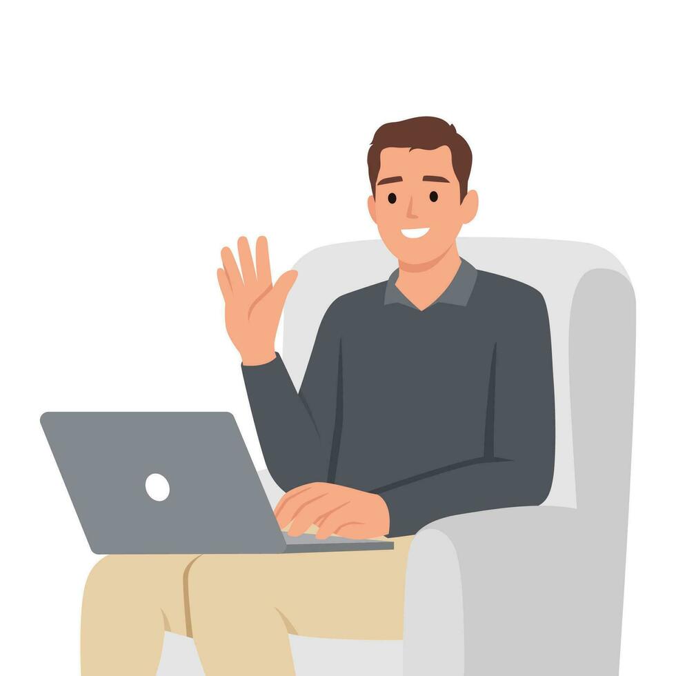 video telefoontje illustratie met twee mannen communiceren online, laptop, fauteuil. jong freelancer aan het kijken webinar Bij huis. video telefoontje of conferentie concept. vector