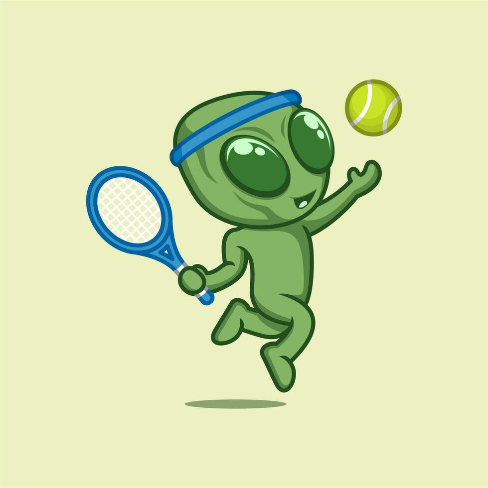 schattig tekenfilm buitenaards wezen spelen tennis vector