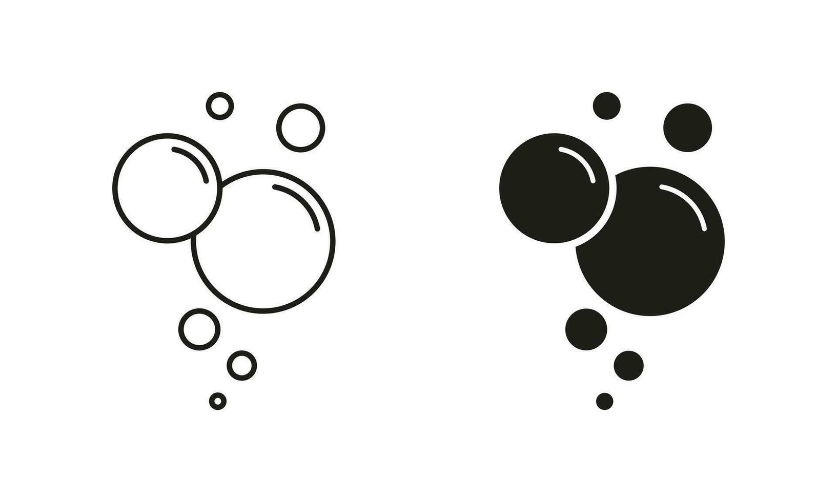 Frisdrank, schuim, Champagne druppels lijn en silhouet zwart icoon set. bubbel zeep pictogram. lucht zuurstof symbool verzameling. onderwater- bal. schoon water, Doorzichtig aqua. gebied geïsoleerd vector illustratie.