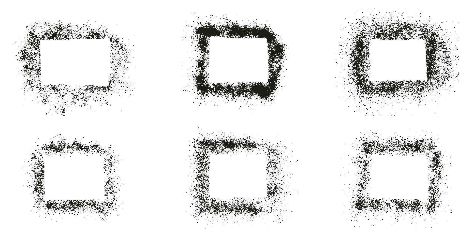 verstuiven structuur kader, plein korrelig grens set. abstract grunge grafisch ontwerp element in rechthoek vorm verzameling. zwart verf borstel graan Aan wit achtergrond. geïsoleerd vector illustratie.