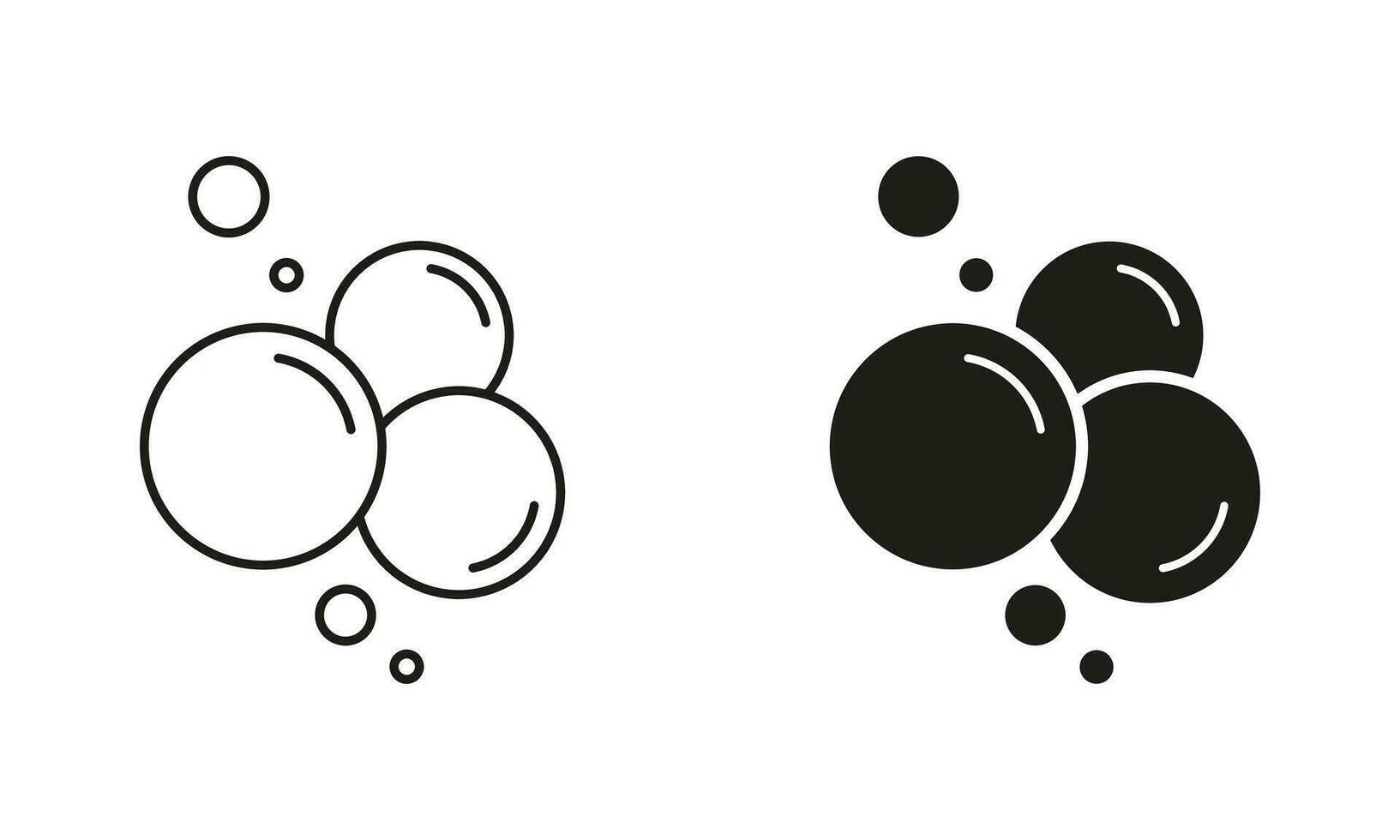 bubbel zeep, lucht zuurstof lijn en silhouet zwart icoon set. gebied schuim, Champagne druppels pictogram. Frisdrank symbool verzameling. onderwater- bal. schoon water. geïsoleerd vector illustratie.