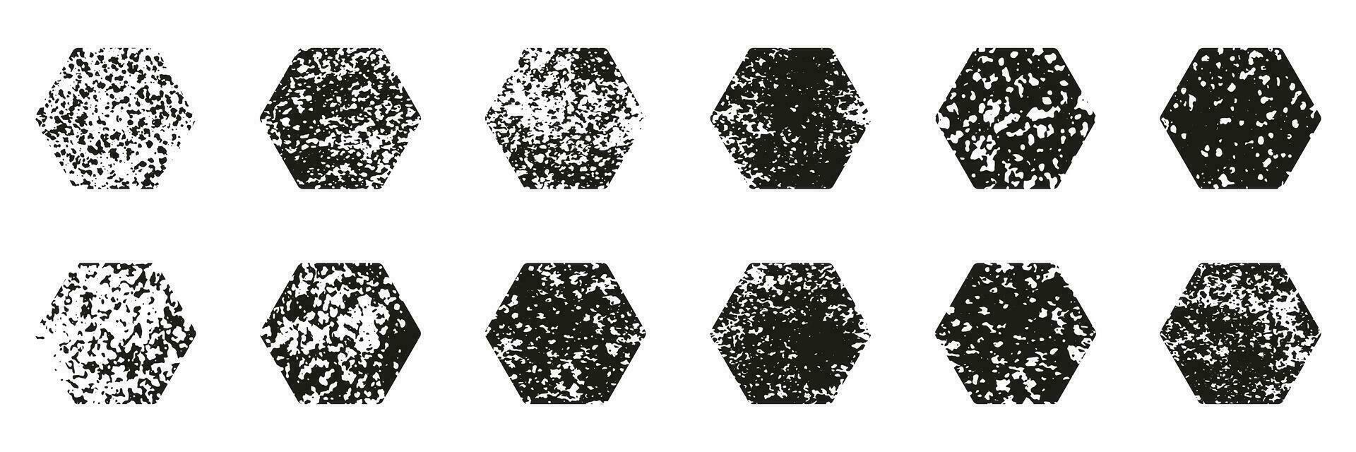 zeshoek vorm grunge set. wijnoogst zwart zeshoekig bekladden verzameling. ruw structuur geometrie stempel. abstract retro korrelig ontwerp element. geïsoleerd vector illustratie.