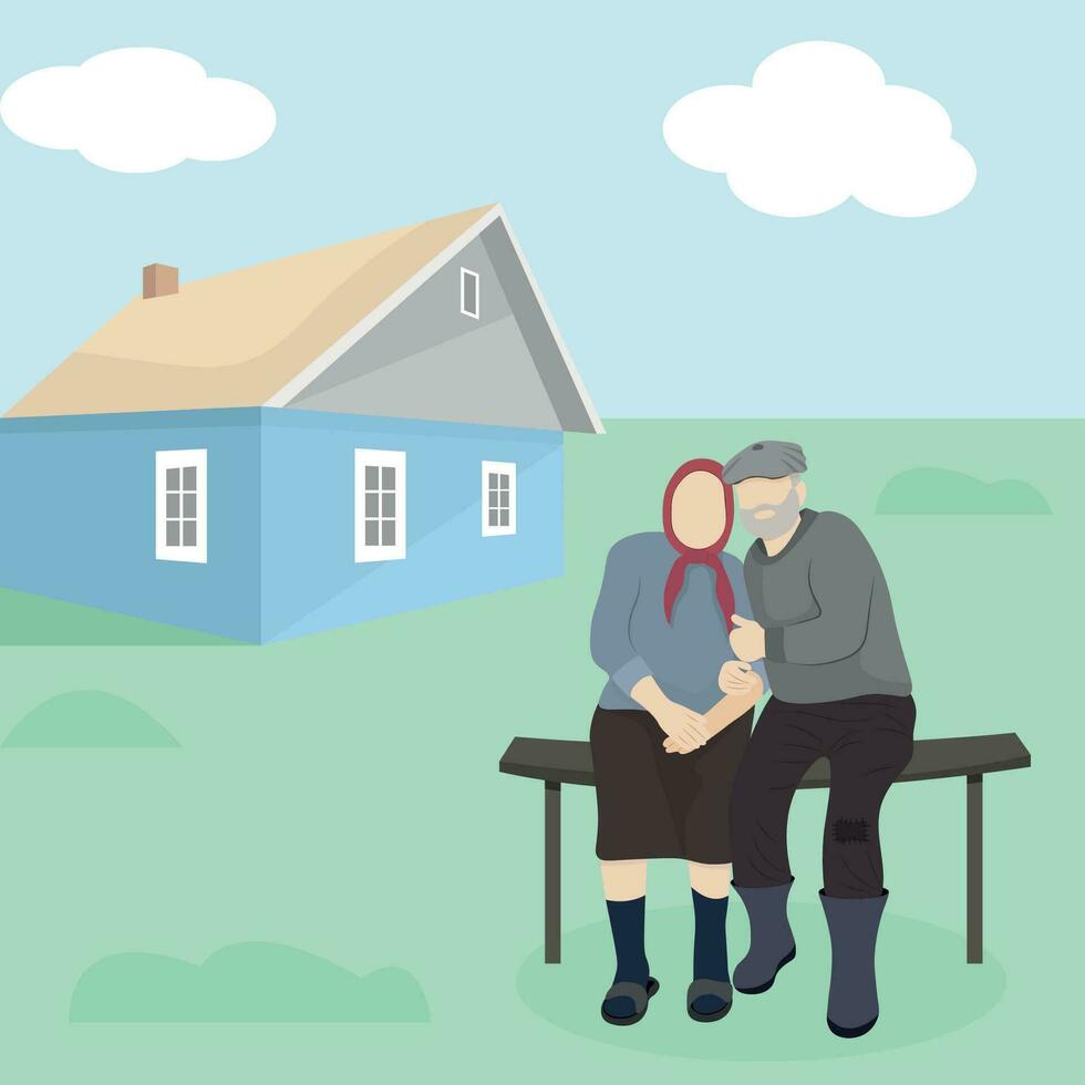 twee ouderen mensen zitten Aan een bank tegen de achtergrond van een dorp huis, vlak vector, minimalisme, grootouders vector