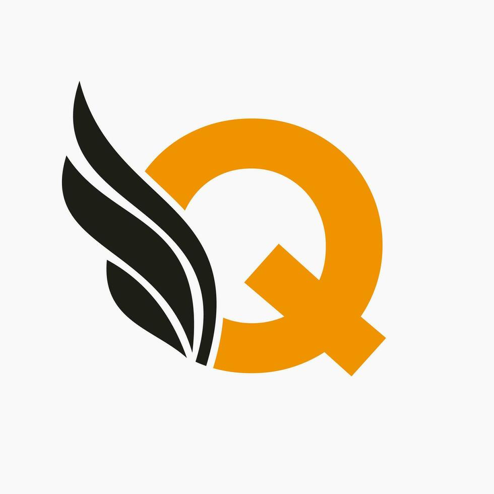 brief q vleugel logo ontwerp voor vracht en vervoer symbool. vleugel logotype sjabloon vector