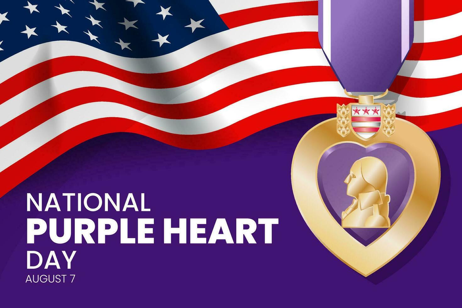 Purper hart dag medaille met ons vlag achtergrond, nationaal Purper hart dag - augustus 7e vector