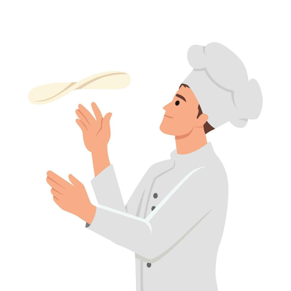 chef in de uniform spinnen pizza deeg Aan de vinger. koken smakelijk heerlijk Italiaans voedsel Aan keuken. maaltijd voorbereiding. vector