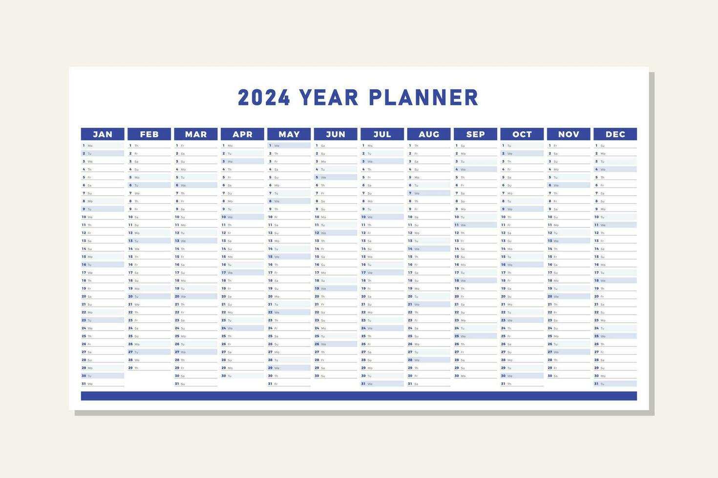 2024 jaar ontwerper kalender in blauw vector ontwerp sjabloon