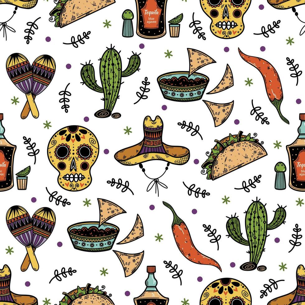 Mexico naadloos vector patroon. vakantie symbolen van de dag van de dood, cinco de mayo - suiker schedel, cactus, sombrero, maracas, tequila, nacho's. achtergrond voor de dia de los muertos. voor afdrukken, kaarten
