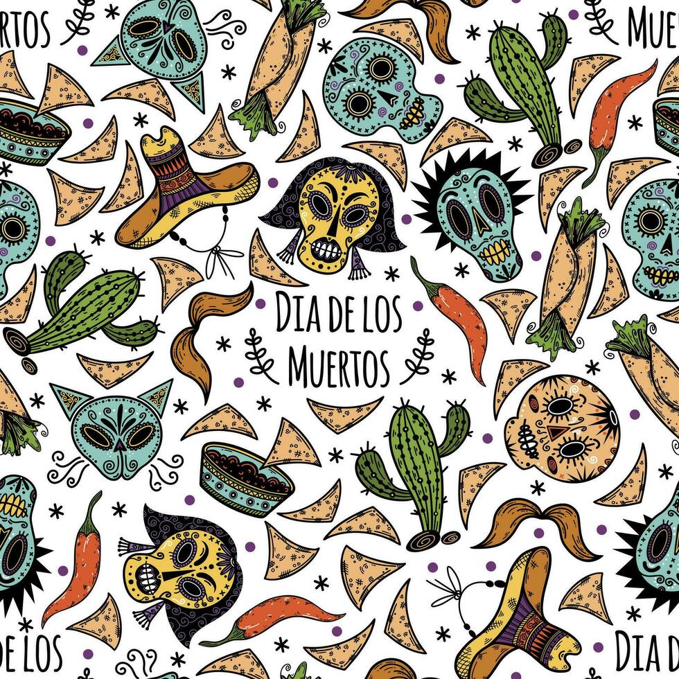 dia de los Muertos naadloos vector patroon. Mexicaans vakantie symbolen - suiker schedel, cactus, sombrero, burrito, Chili, nacho's met saus. traditioneel carnaval voor de dag van de dood. tekenfilm achtergrond