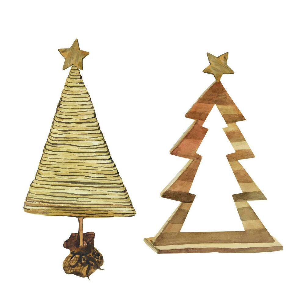bruin en geel modern waterverf eco Kerstmis bomen gemaakt van houten planken. nieuw jaar wijnoogst speelgoed- voor de Kerstmis boom. Kerstmis boom eco vriendelijk decor. vector
