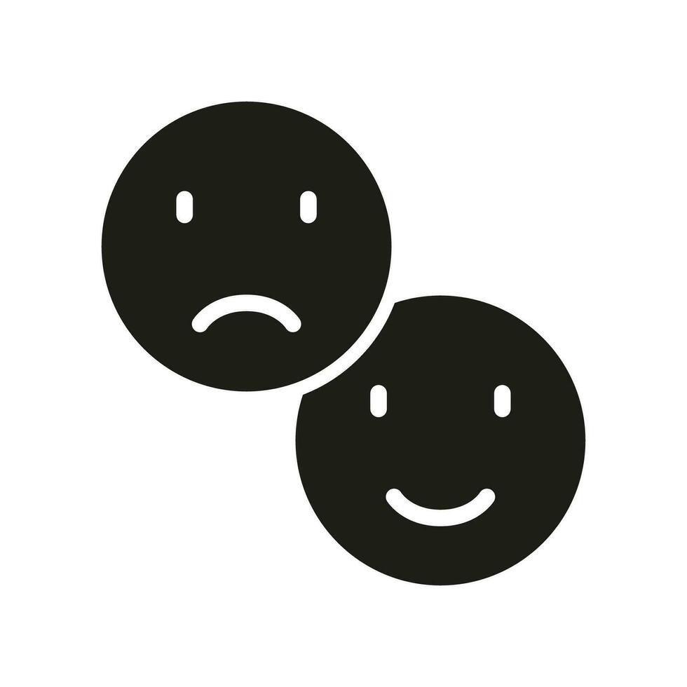 positief en negatief en smiley silhouet icoon. gelukkig glimlach en verdrietig gezicht glyph pictogram. mooi zo en ongelukkig emoticon solide symbool. terugkoppeling teken. geïsoleerd vector illustratie.