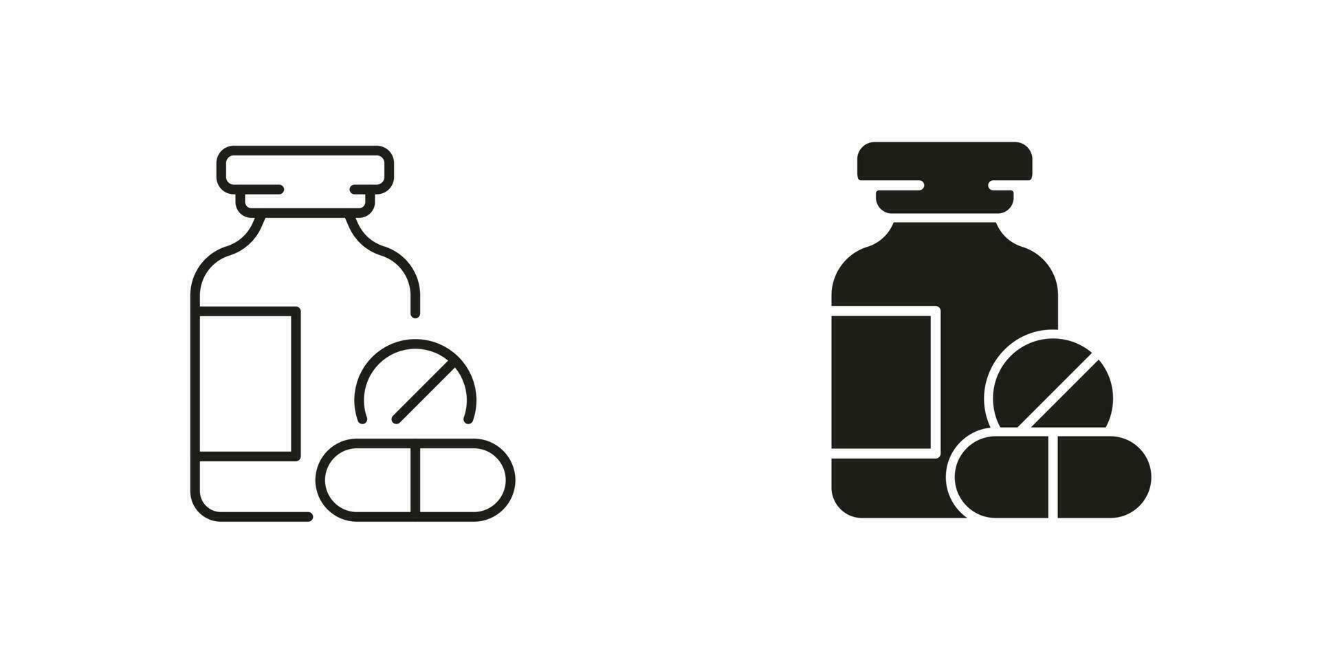 geneesmiddel lijn en silhouet zwart icoon set. pil en fles pictogram. antibiotica, pijnstiller, vitamine, farmaceutisch geneesmiddel teken. apotheek symbool verzameling. geïsoleerd vector illustratie.