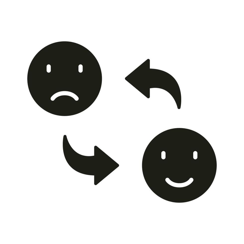 gelukkig glimlach verandering naar verdrietig gezicht silhouet icoon. positief en ongelukkig emotie teken. humeur veranderingen glyph pictogram. bipolair emoticon uitdrukking solide symbool. geïsoleerd vector illustratie.