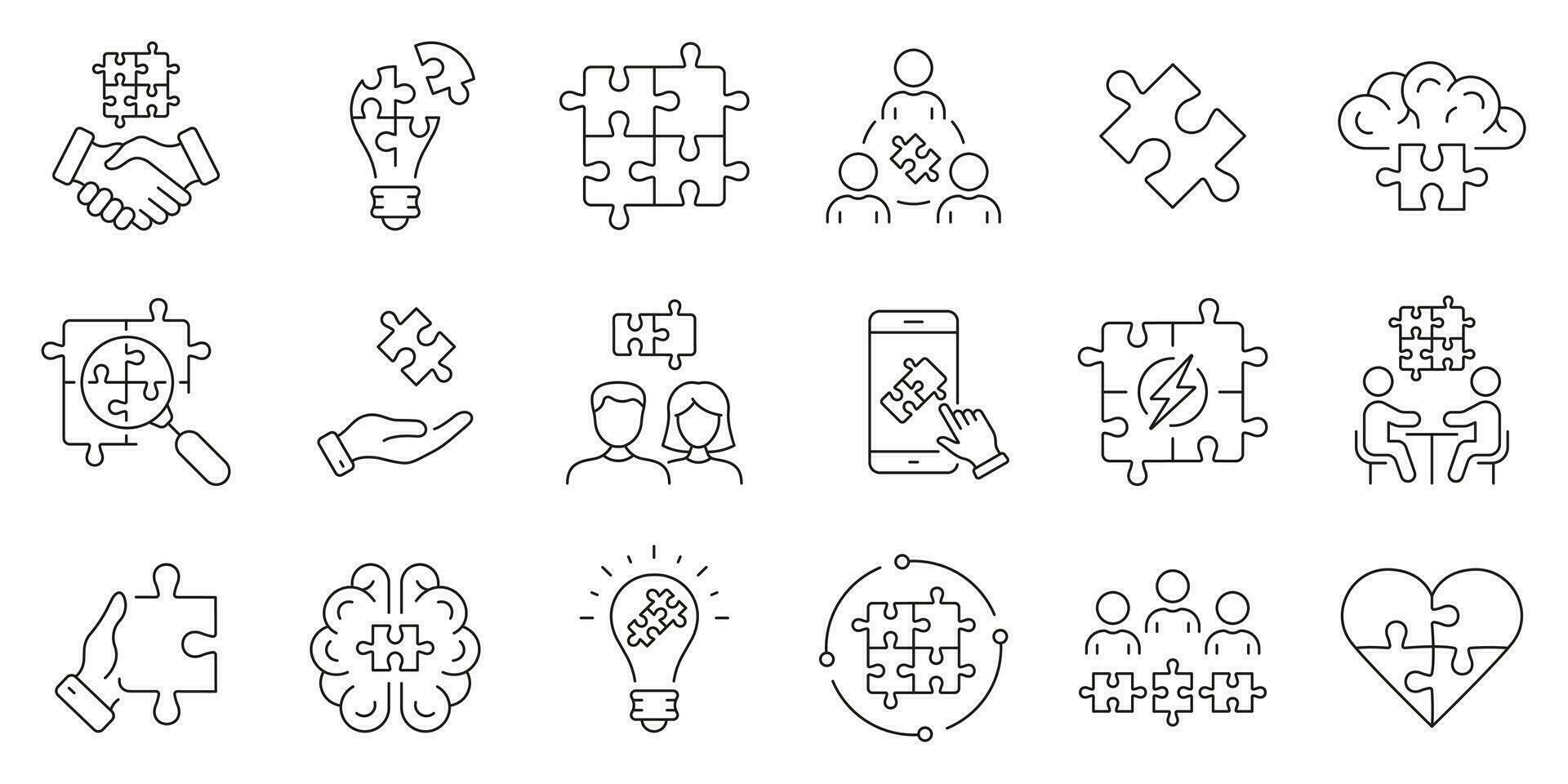 puzzel decoupeerzaag spel, samenspel concept lijn icoon set. brainstorm, ontmoeting, strategie, oplossing lineair pictogram. team beheer schets symbool verzameling. bewerkbare hartinfarct. geïsoleerd vector illustratie.