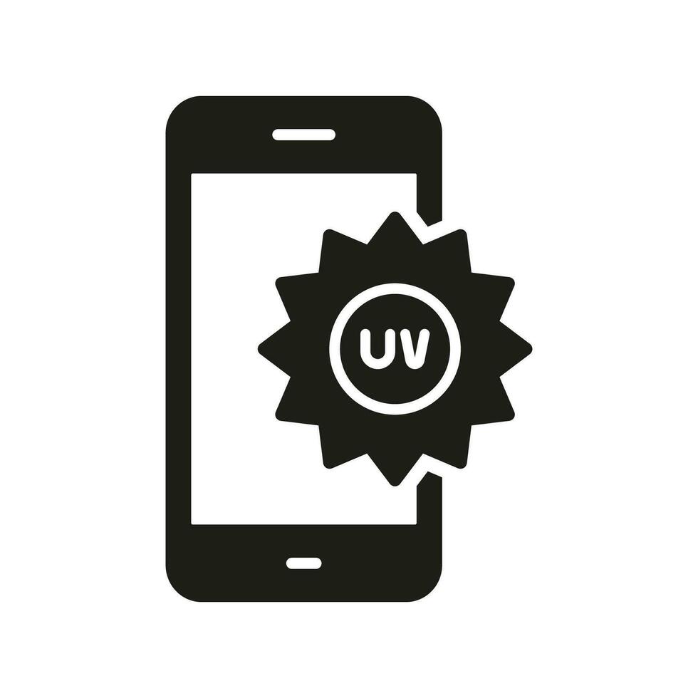 uv inhoudsopgave mobiel app silhouet icoon. ultraviolet straling niveau glyph pictogram. gebruik technologie voor huidsverzorging in zomer tijd symbool. zonlicht smartphone toepassing teken. geïsoleerd vector illustratie.