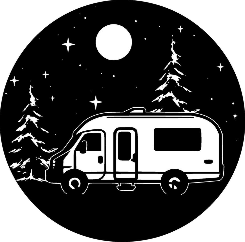 camping, zwart en wit vector illustratie