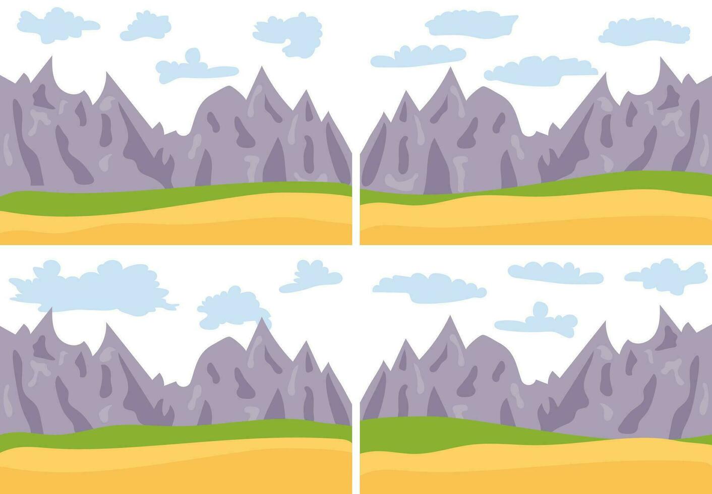 reeks van vier afbeeldingen met natuurlijk tekenfilm landschap in de vlak stijl met bergen, blauw lucht, wolken en heuvels. vector illustratie
