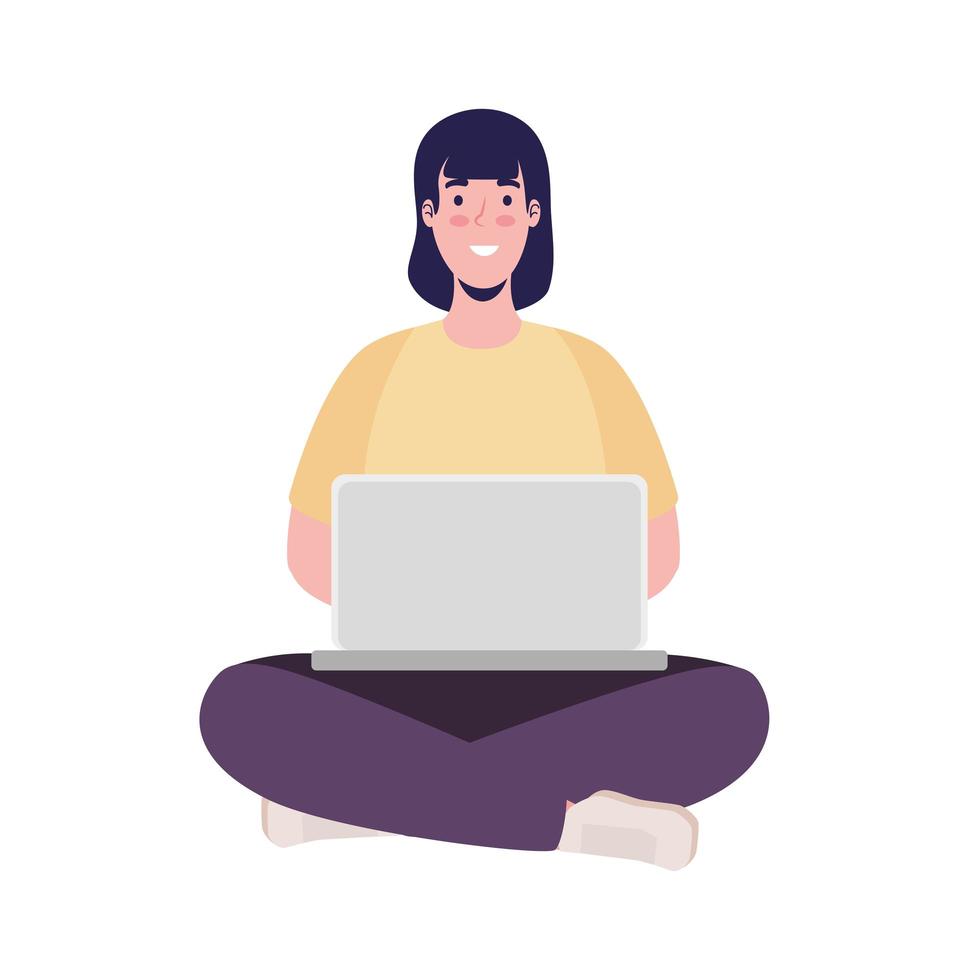 vrouw verbinden zittend met laptop vector
