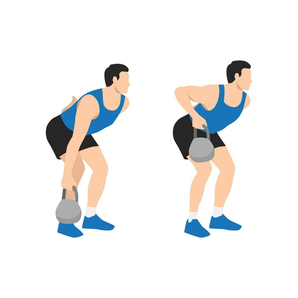 Mens aan het doen kettlebell oefening krom over- roeien met de verpletteren klok oefening. vlak vector illustratie geïsoleerd Aan wit achtergrond. training karakter reeks