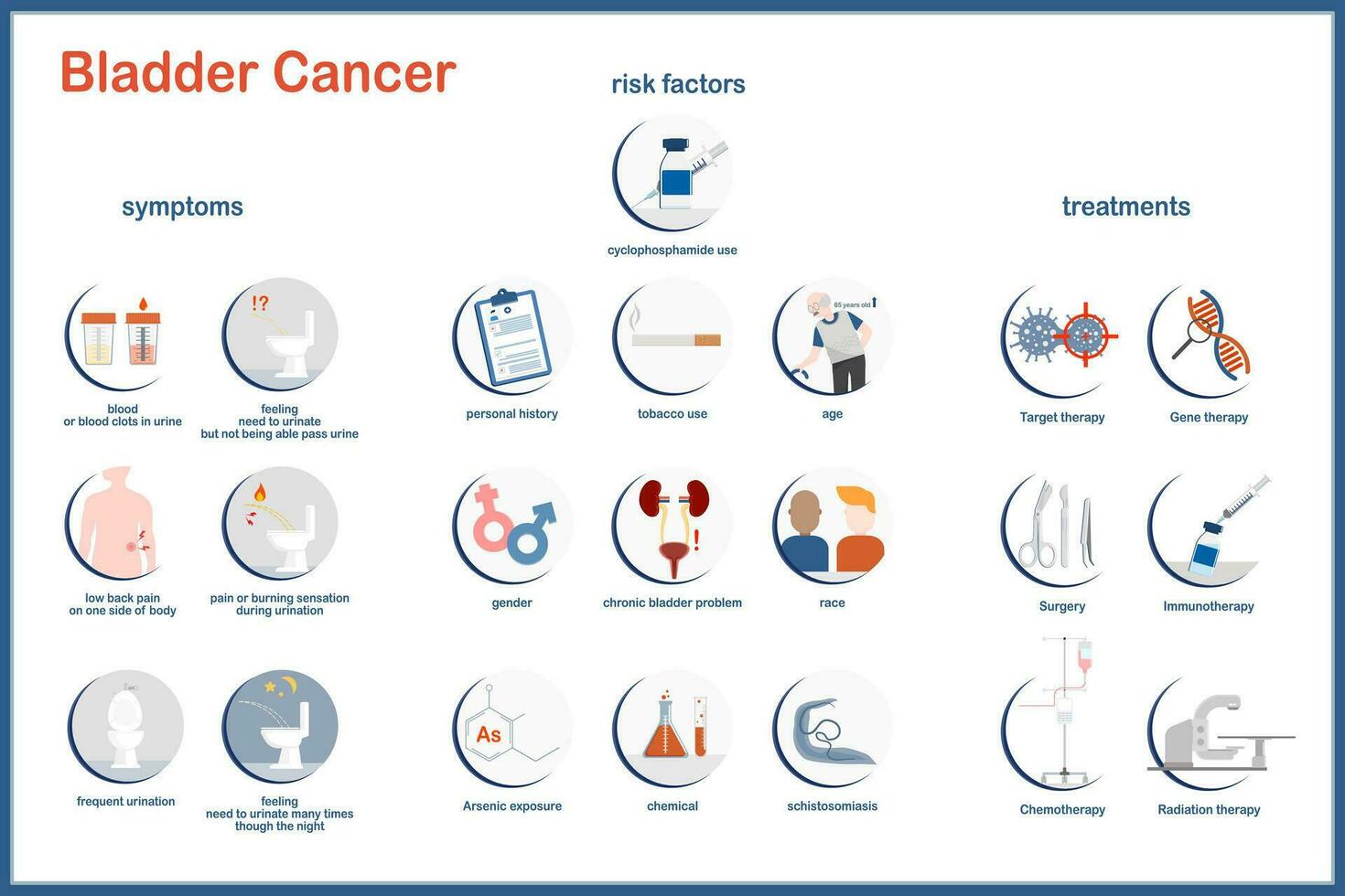 vector illustratie. vlak stijl. blaas kanker, symptomen, risico factoren en behandelingen. medisch illustratie concept.