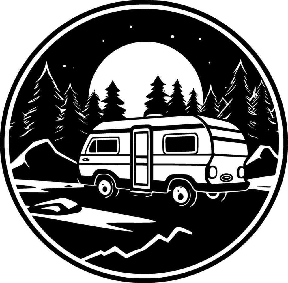 camping - zwart en wit geïsoleerd icoon - vector illustratie