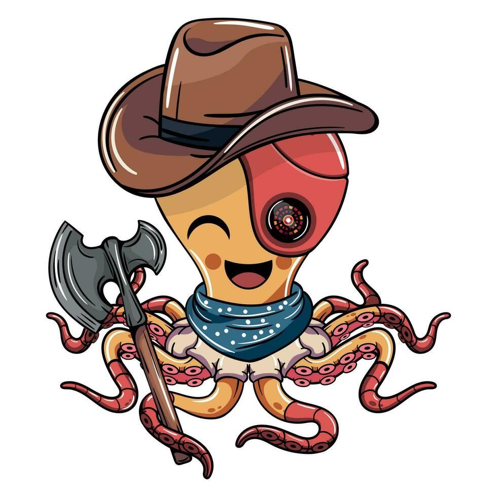 tekenfilm grappig western cowboy cyborg Octopus karakter met een oorlog bijl. illustratie voor fantasie, wetenschap fictie en avontuur comics vector
