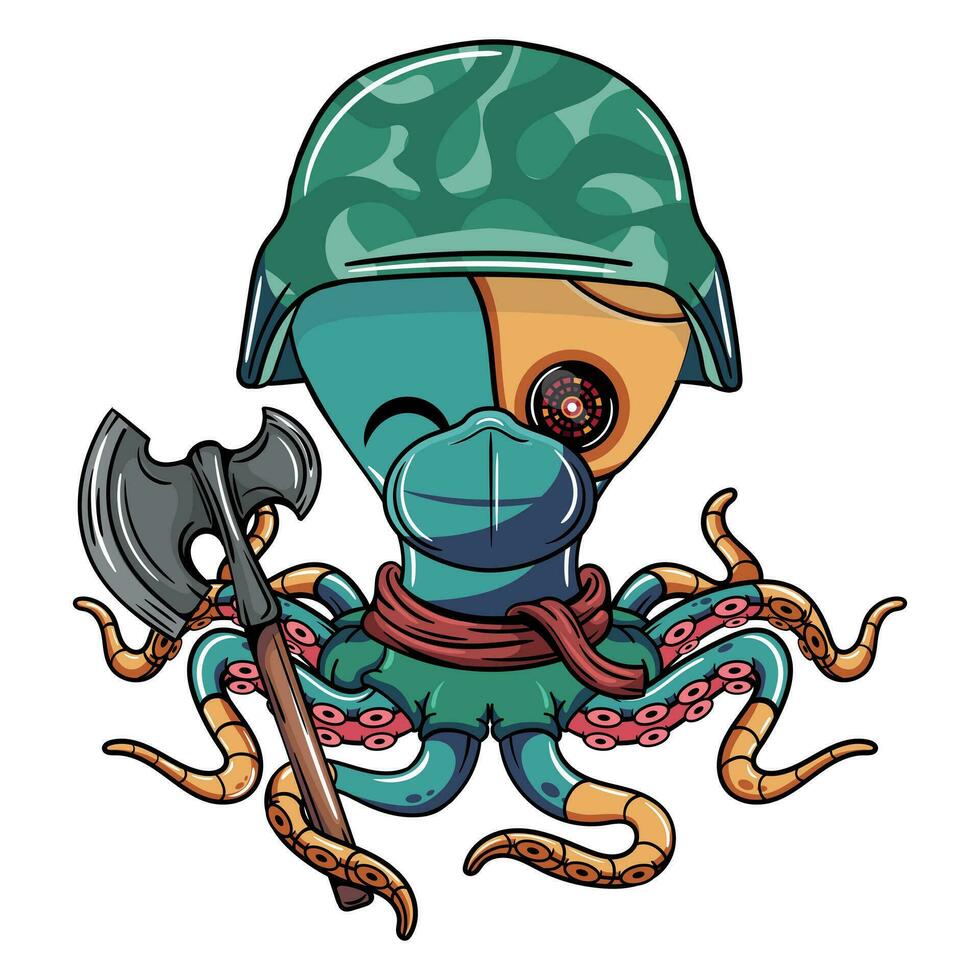 tekenfilm leger cyborg Octopus karakter met gezicht masker en een bijl in zijn tentakel. illustratie voor fantasie, wetenschap fictie en avontuur comics vector