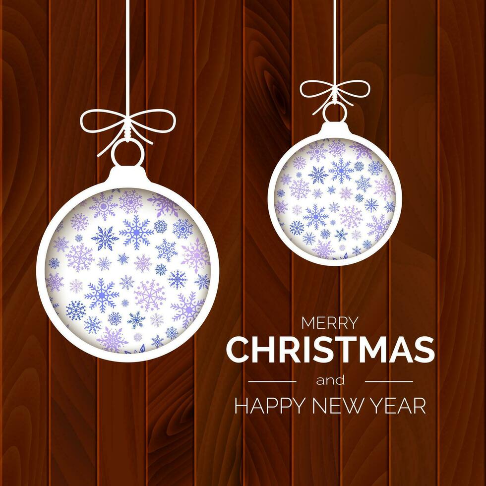 vrolijk Kerstmis en gelukkig nieuw jaar groet kaart. Kerstmis ballen Aan houten achtergrond met groet tekst. vakantie decoratie element. vector