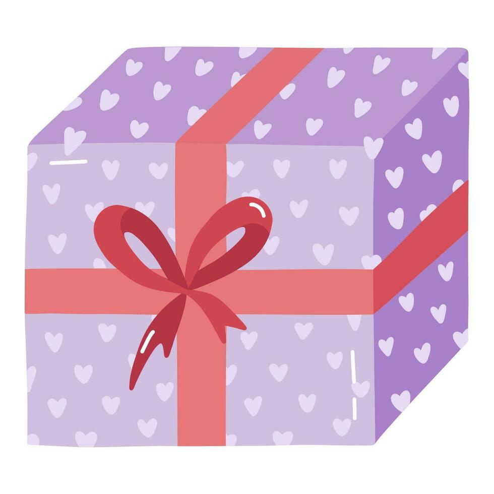 schattig Gesloten geschenk doos met lint, boog en sticker. Cadeau voor verjaardag, bruiloft, kerstmis, vakantie, winkelen. gestileerde hand- getrokken vector clip art. voor groet kaart, banier, uitnodiging, stickers