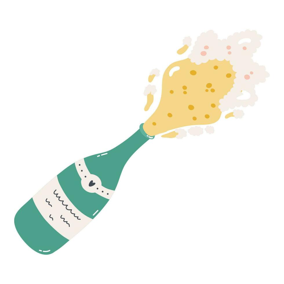 schattig hand- getrokken Champagne fles explosie. concept van vakantie, viering, geroosterd brood. modieus en kleurrijk vector clip art in naief stijl. Open fles met pop-up kurk en spatten