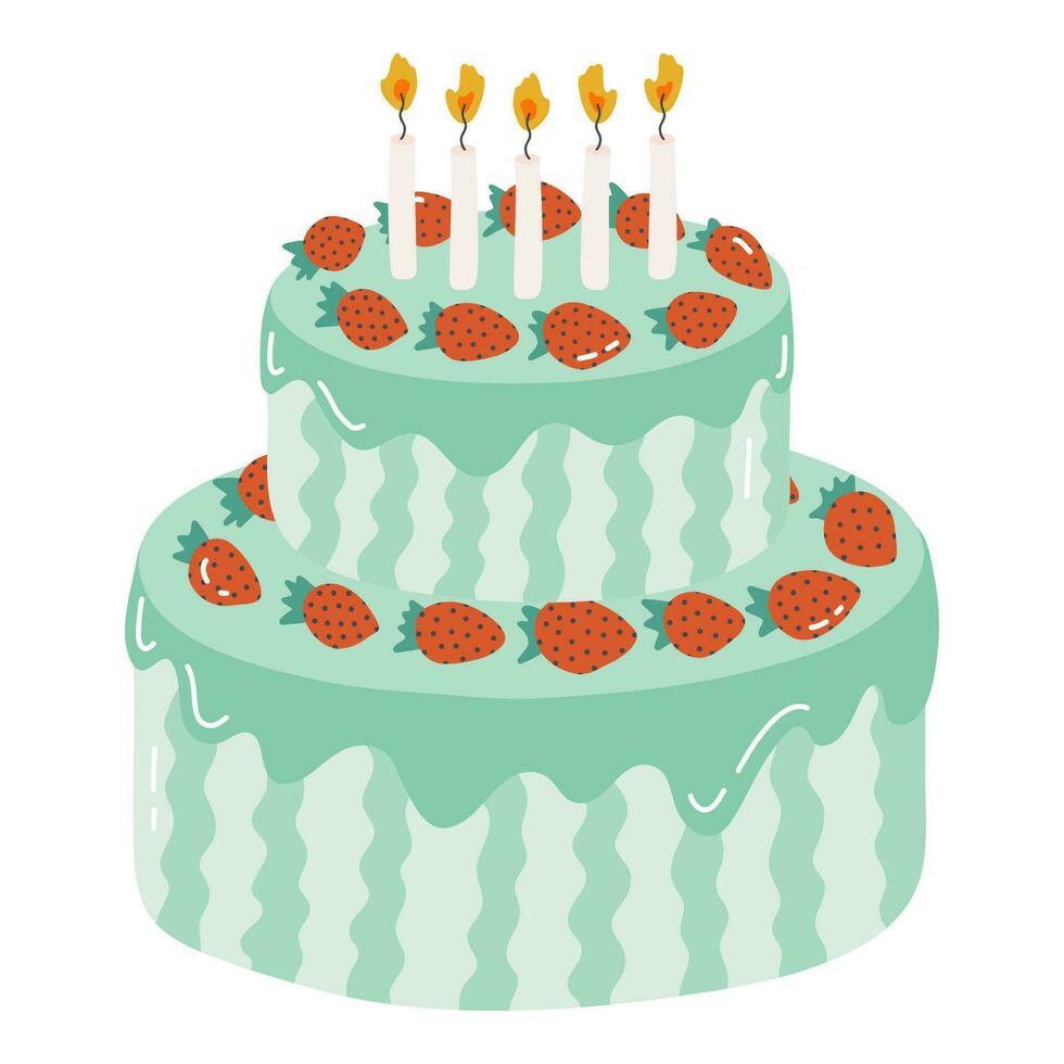 schattig verjaardag taart met brandend kaarsen. toetje voor viering, verjaardag, bruiloft. gestileerde vector illustratie van vakantie koekje. modieus hand- getrokken clip art in de Scandinavisch stijl