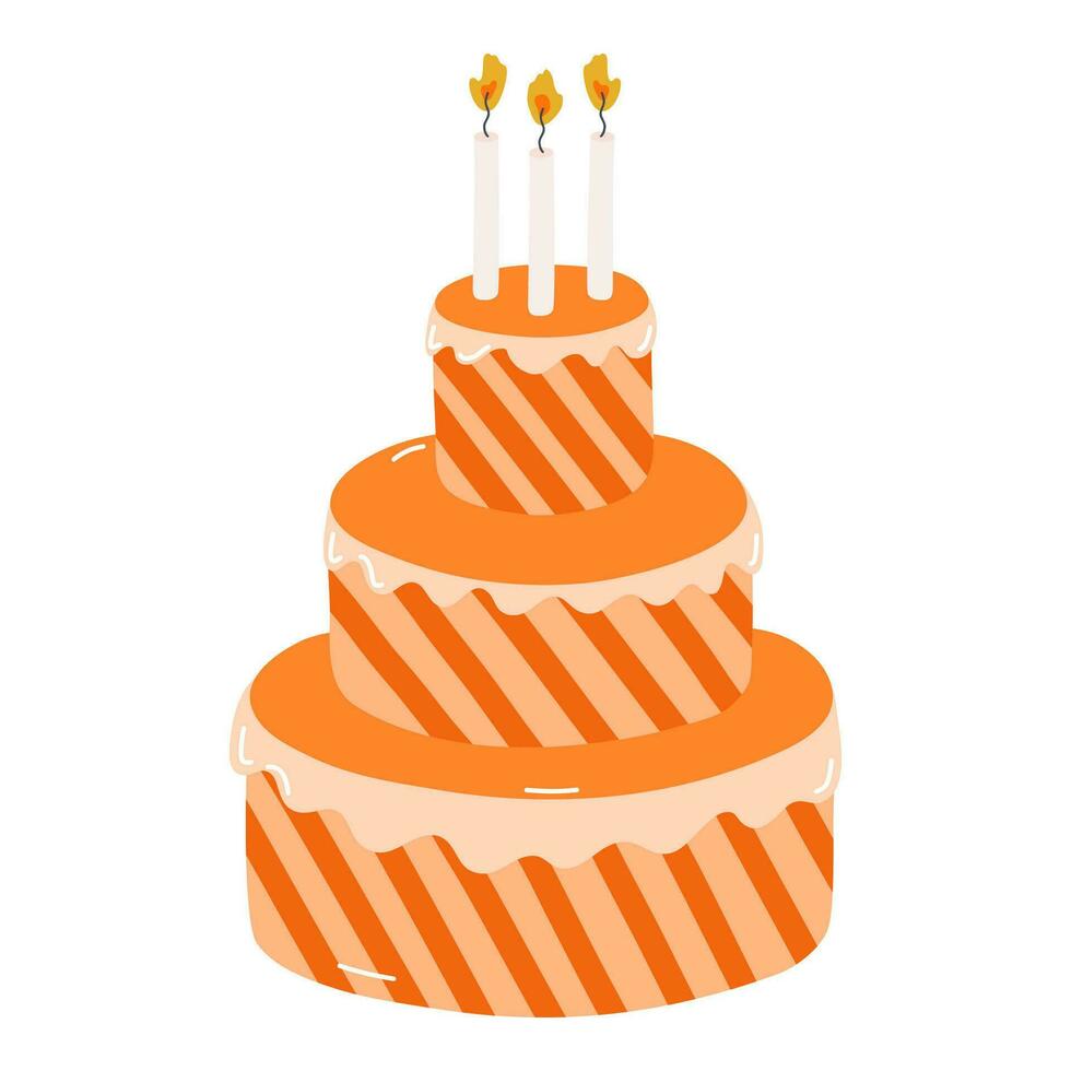 schattig verjaardag taart met brandend kaarsen. toetje voor viering, verjaardag, bruiloft. gestileerde vector illustratie van vakantie koekje. modieus hand- getrokken clip art in de Scandinavisch stijl