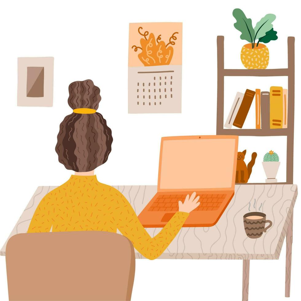 meisje werken voordat computer, typen Aan toetsenbord, op zoek Aan de scherm. terug visie. modern bedrijf, levensstijl, leerzaam concept. vector illustratie met jong vrouw. kantoor werk Bij huis, freelancer.