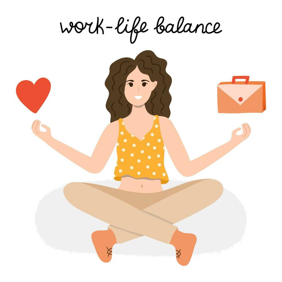 werk leven balans vector concept. een vrouw zit in yoga lotus positie en saldi tussen leven en werk. de keuze tussen familie, vrienden, amusement, liefde en carrière, geld, financiën, functie.