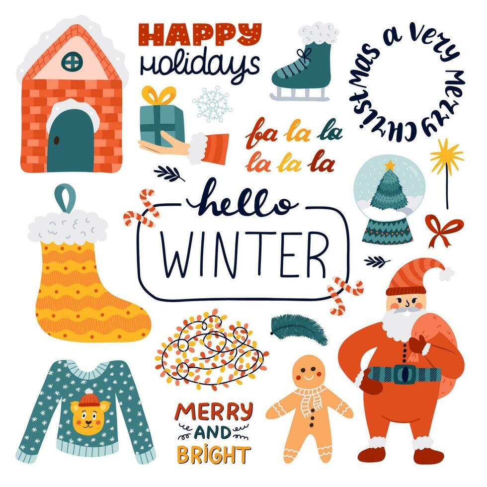 groot clip art en belettering reeks voor kerstmis, nieuw jaar. hand- getrokken geïsoleerd vector. de kerstman claus met geschenk tas, lichten, hand- geven geschenk, ontbijtkoek, besneeuwd huis, vleet, sneeuw wereldbol, winter trui. vector