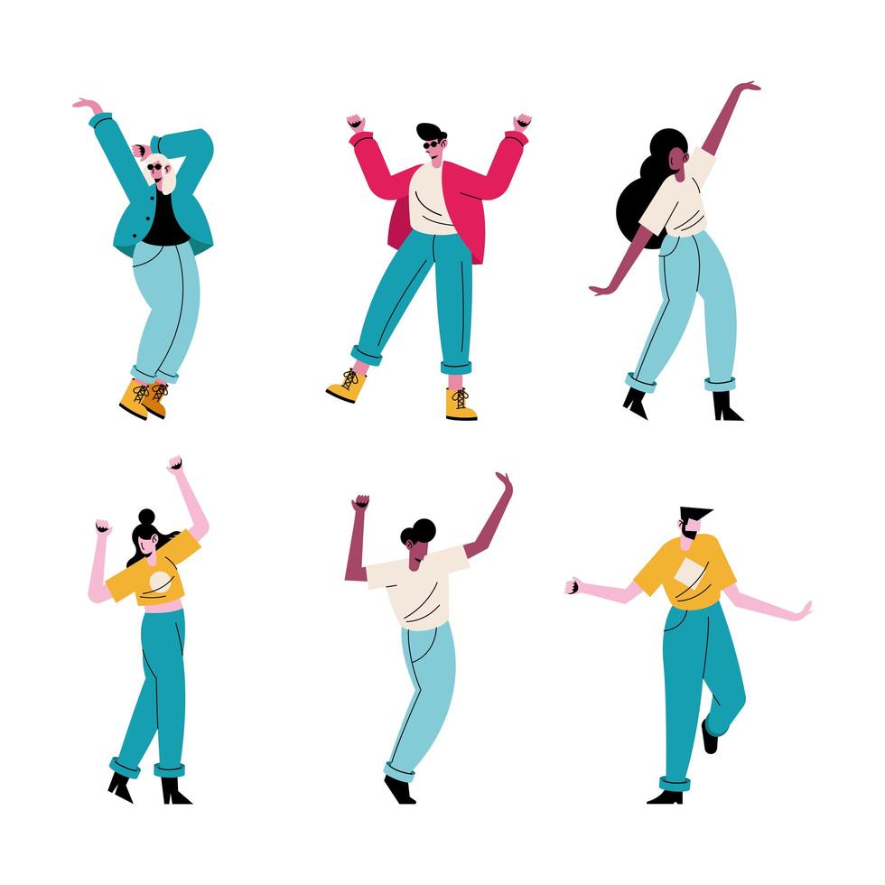 gelukkige jonge mensen dansen zes avatars-personages vector