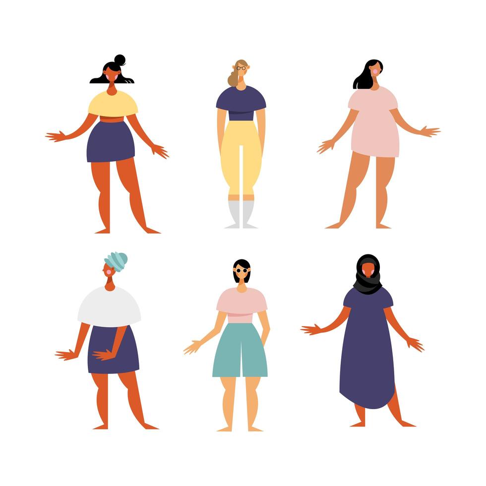 groep van zes vrouwelijke personages met verschillende jurken vector