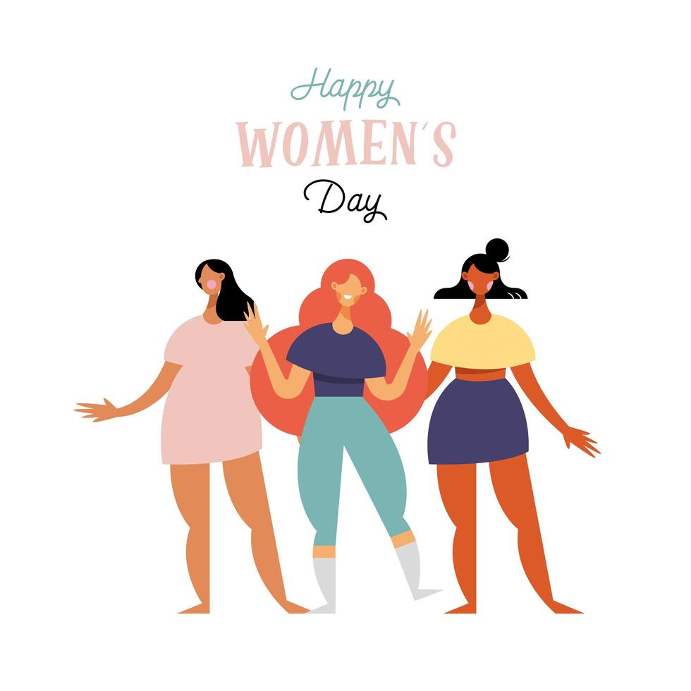 happy womens day belettering kaart met diversiteit meisjes karakters vector