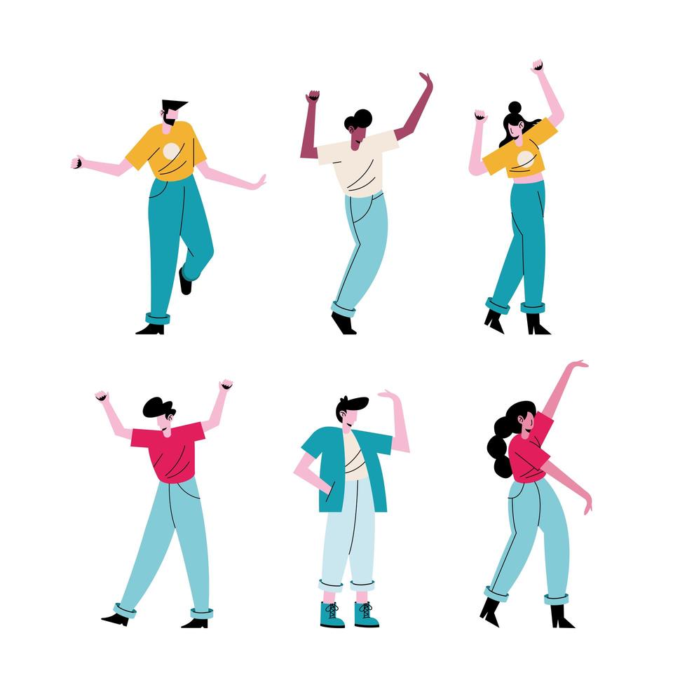 gelukkige jonge mensen dansen zes karakters vector