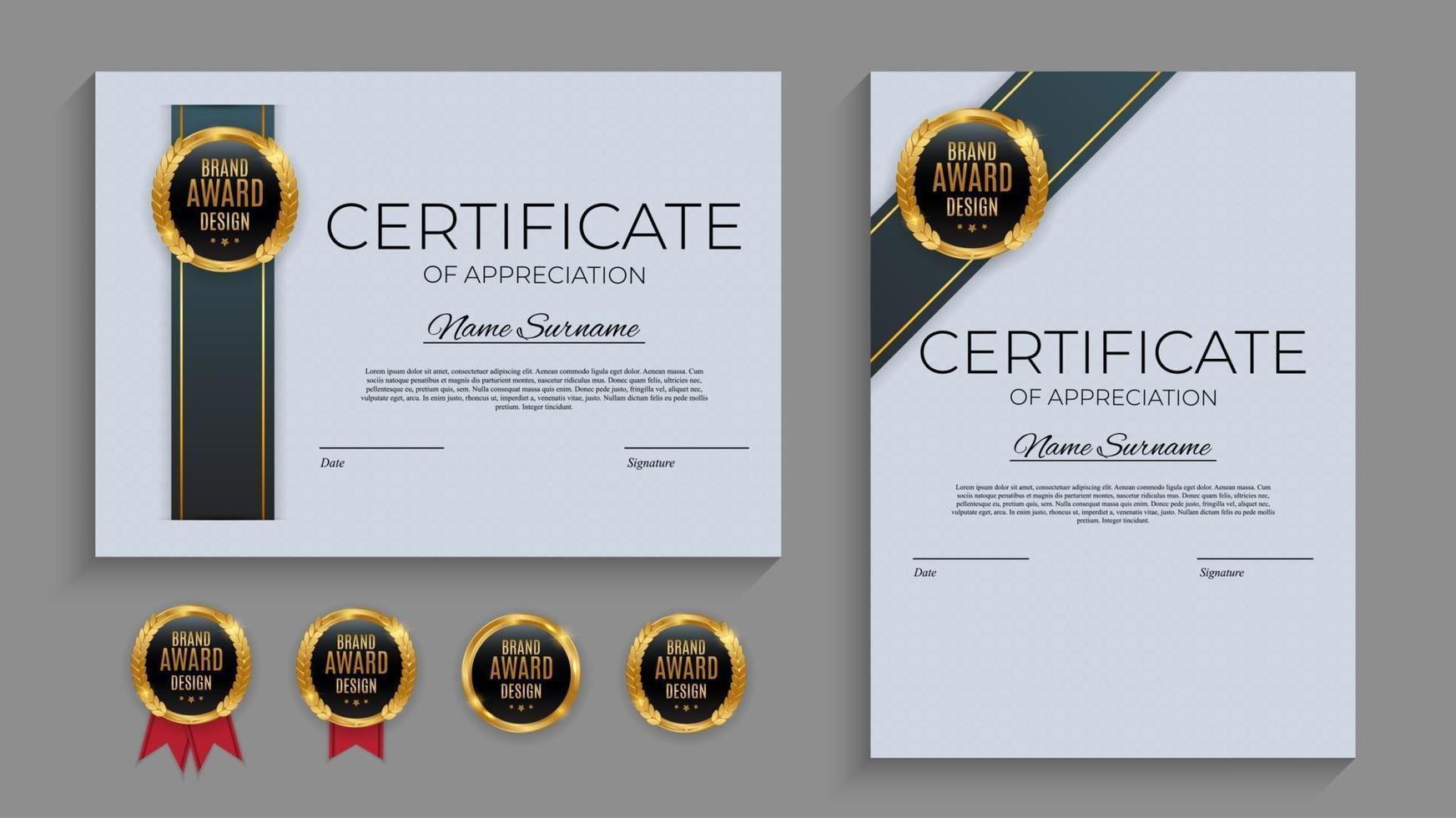 certificaat van prestatie sjabloon instellen achtergrond met gouden badge en rand. award diploma ontwerp leeg. vector illustratie