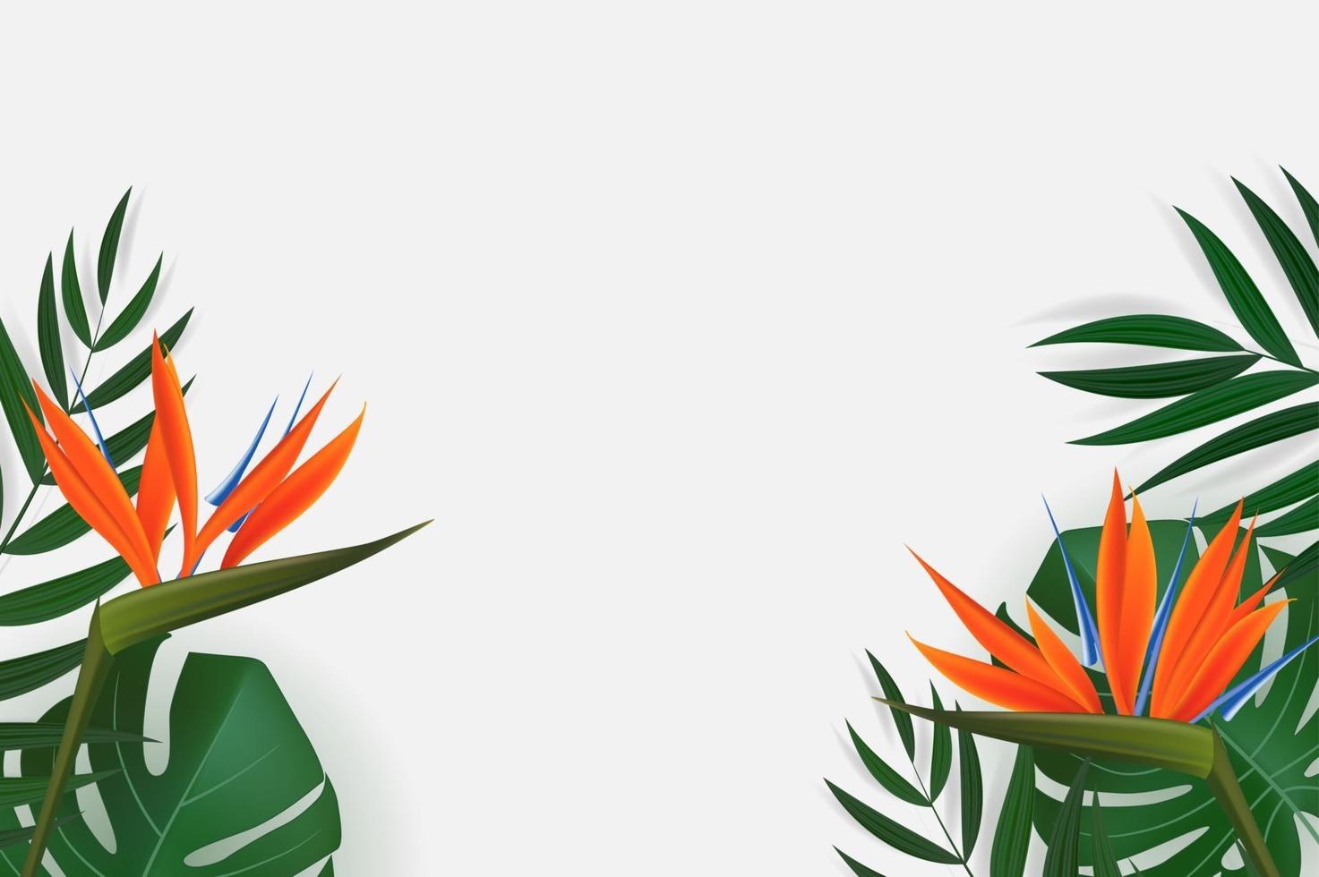 natuurlijk realistisch groen palmblad met de tropische achtergrond van de strelitzia-bloem. vector illustratie eps10