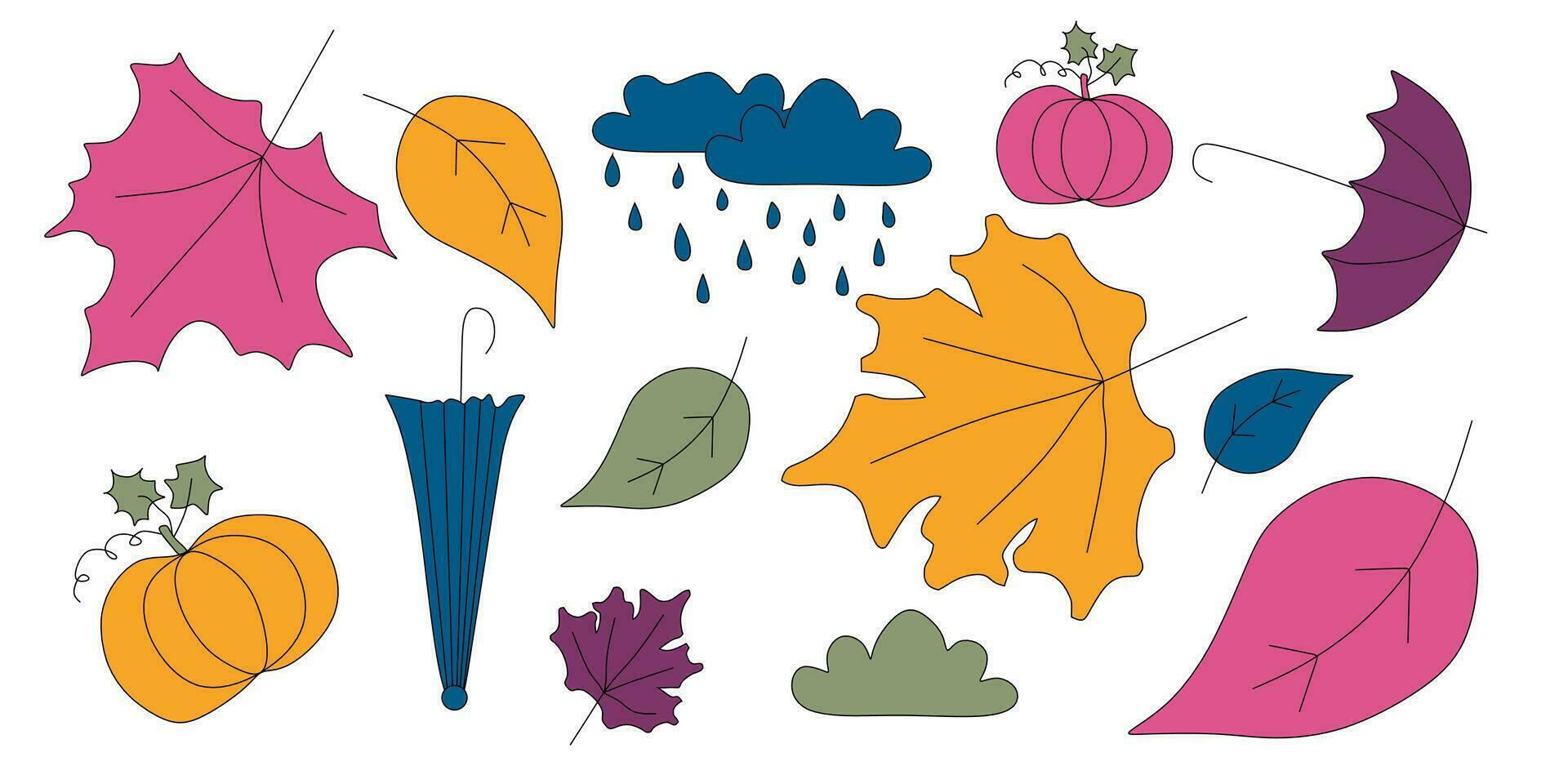 weer elementen set. herfst seizoensgebonden vector verzameling voor ontwerp. vlak kunst met bladeren, pompoen, paraplu, esdoorn- blad, regenen, wolk. icoon reeks of clip art voor uitverkoop, feestelijk, decoratie, kaart.