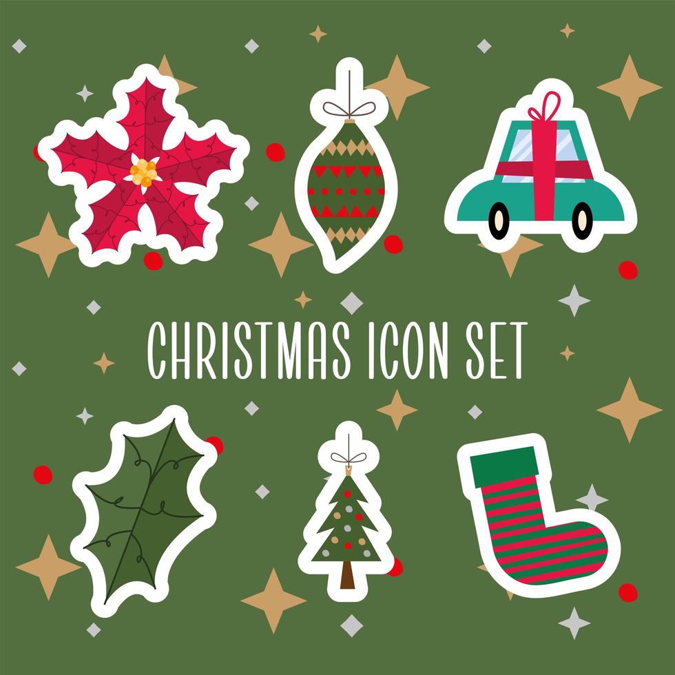 bundel van zes merry christmas iconen vector