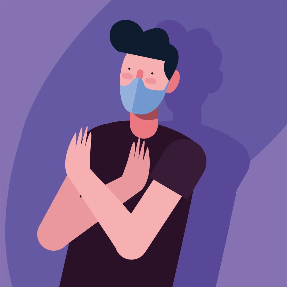 jonge man met medische maskerbescherming op paarse achtergrond vector