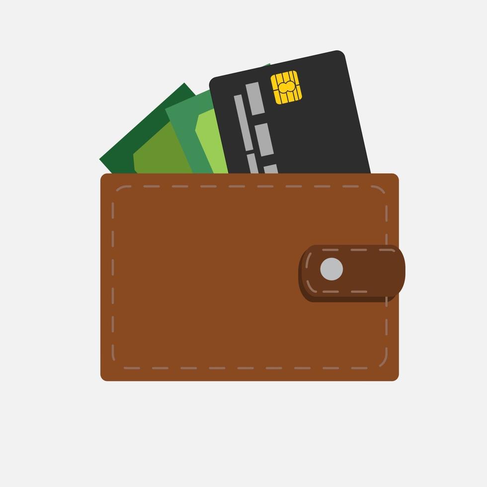 platte icoon van portemonnee met geld en creditcard. vector illustratie