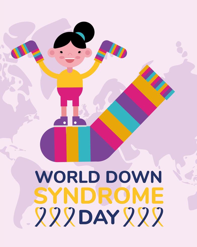 World Down Sindrome Day-campagneposter met sokken voor kleine meisjes die kleuren optillen vector