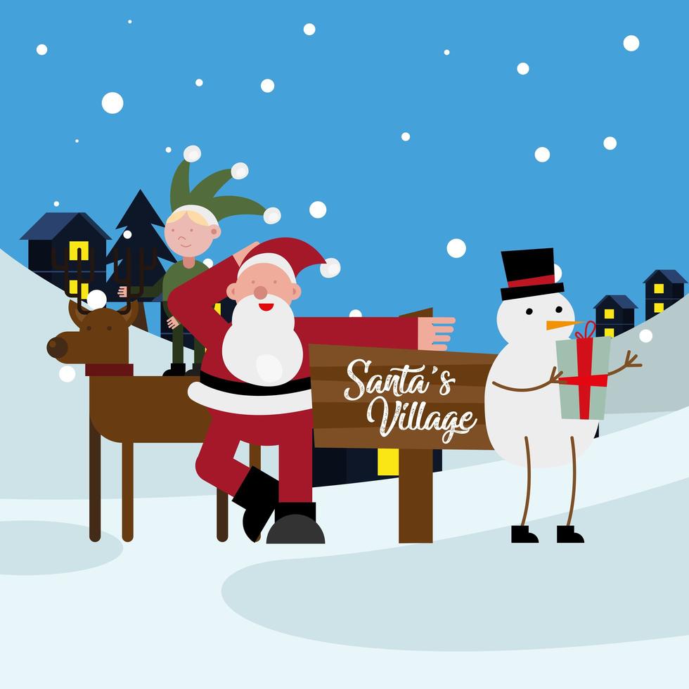 elf in rendier met kerstman en sneeuwpop-kerstfiguren vector
